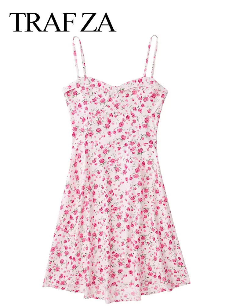 

TRAF ZA Pink Floral Print A-LINE Low Cut Back Drawstring Women's Sling Dress Fashion Elegant Cute Lightweight Mini Lady Dress