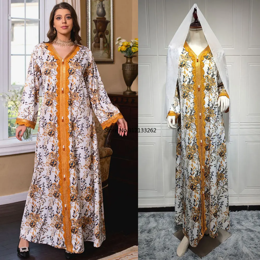 Elegant Women's Dresses For Party 2023 Elegant Floral Printed V-Neck Tape Trim Moroccan Kaftan Muslim Abaya Dress Dubai Ramadan
