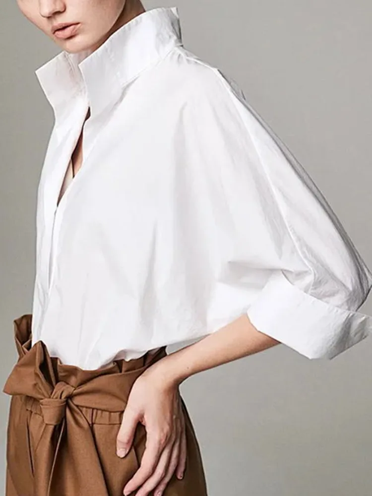 

100% Cotton Women Blouse Loose Long Sleeve Turn-Down Collar Office Lady Shirt