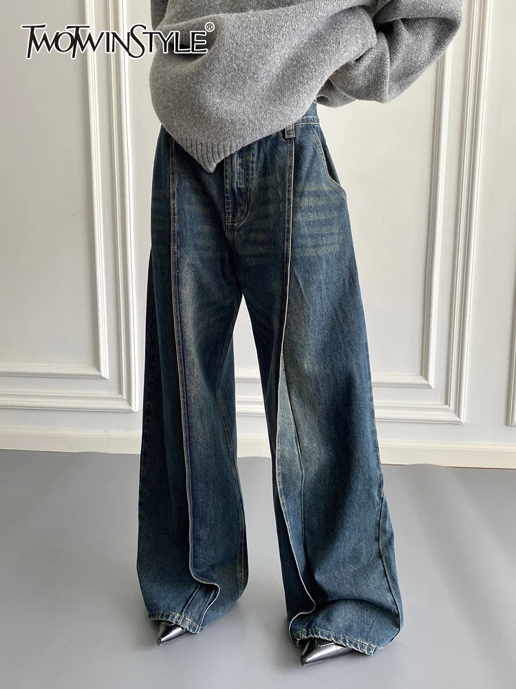 

Женские винтажные прямые джинсы TWOTWINSTYLE, джинсы составного кроя с высокой талией и широкими штанинами