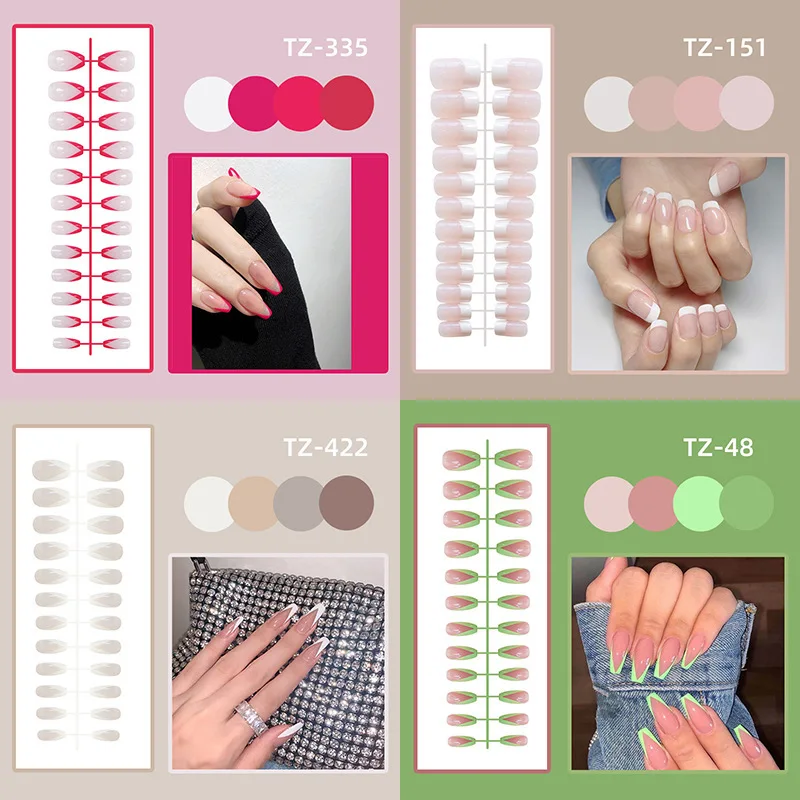 

24 Pcs Reusable Adhesive False Nails French Style Simple European and American Bright Face Nail Patch Fake Nail Wear Manicure