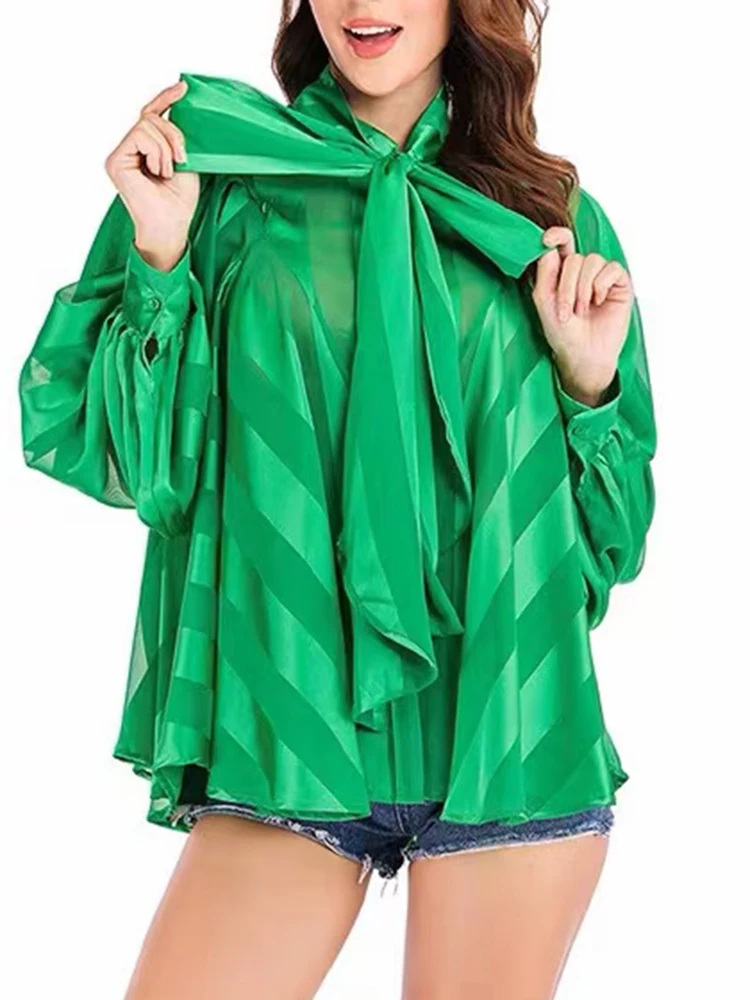 VGH Striped Casual Blouses For Women Bowknot Collar Loose Long Lantern Sleeve Colorblock Pullovers Female 2022 Spring Clothing |