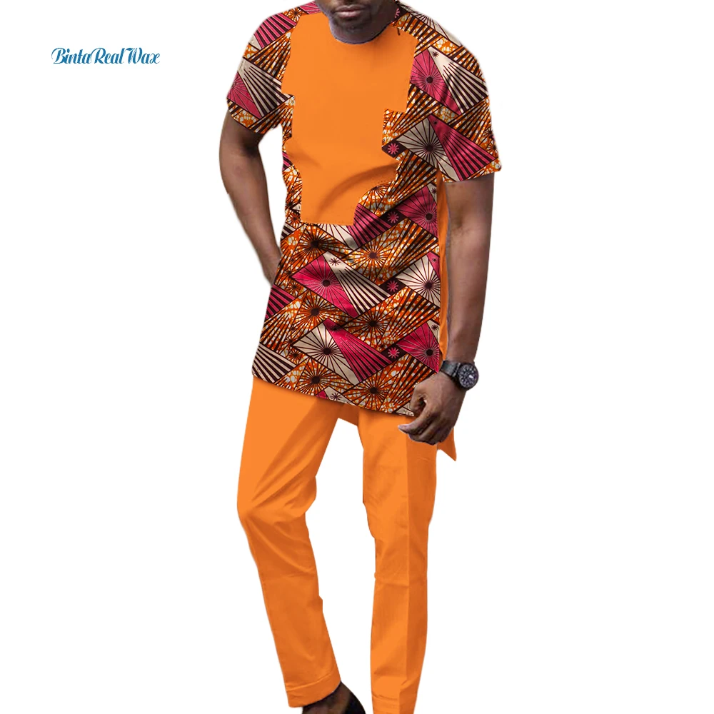 Dashiki Mens African Clothing Applique Top Tee and Long Pants Sets Bazin Riche African Clothes Print 2 Piece Pants Sets WYN511