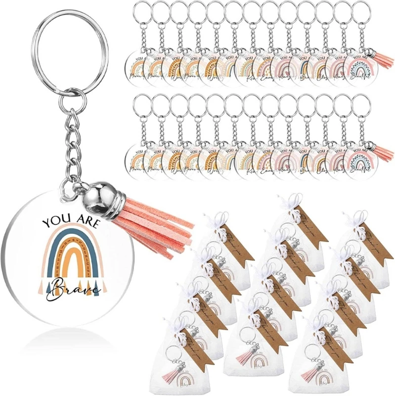 

50 Pcs Boho Rainbow Keys Chain Inspirational Quote Keychain Thank You Gifts for Coworkers Clear Acrylic Tassels Keychain