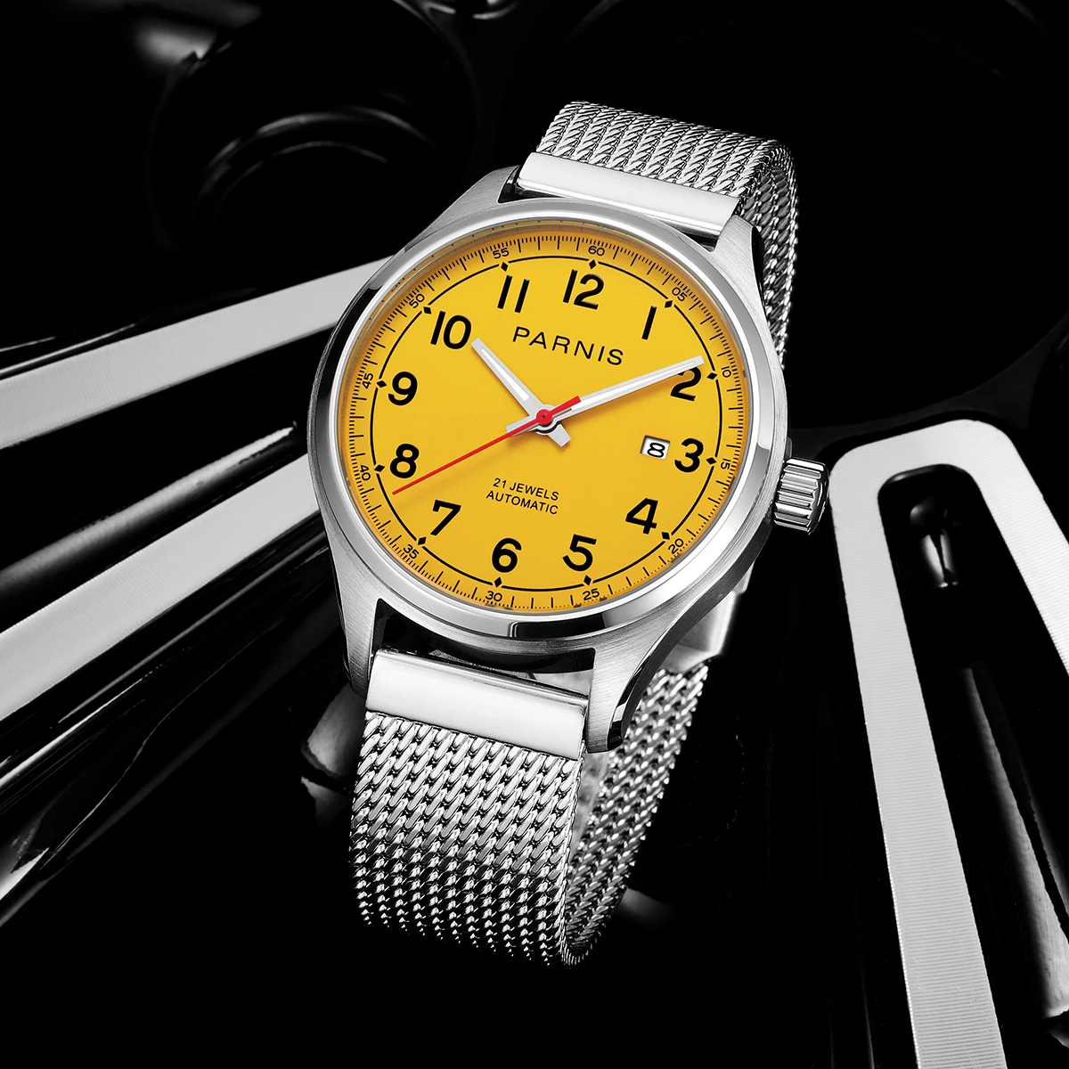 Calendário de Vidro Masculinos com Caixa Nova Chegada Parnis Amarelo Dial Men & 39s Relógios Mecânicos Automáticos Safira Presente 2022 43mm