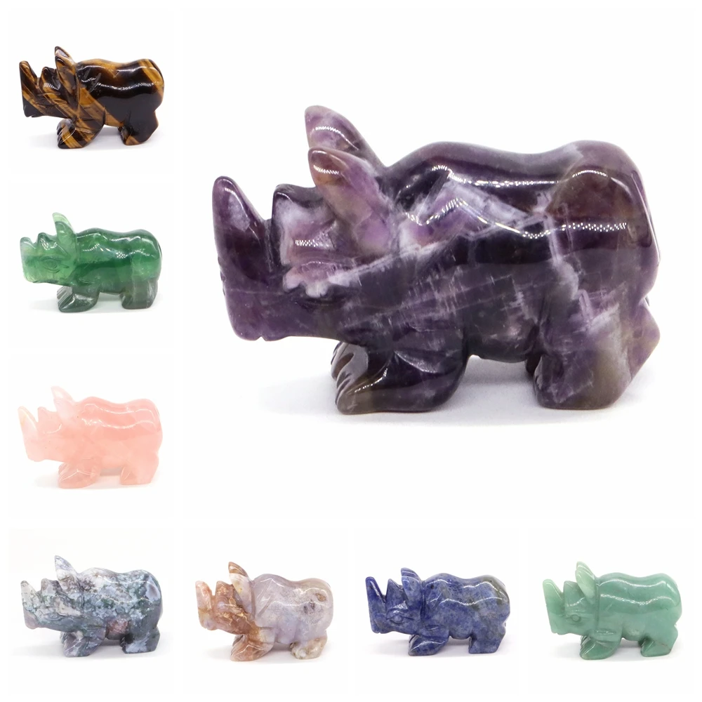 

2" Rhinoceros Figurine Healing Crystal Natural Stone Quartz Animal Gemstone Carving Sculpture Fengshui Reiki Home Spirit Decor