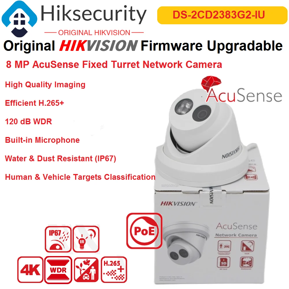 

Hikvision IP Camera 4K/8MP DS-2CD2383G2-IU AcuSense Fixed Turret Network Built-in Microphone IR 30M High Protection New Version
