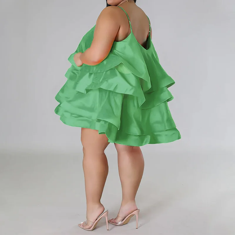 Summer Clothes for Women Solid Color Ruffles Sleeveless Sexy Square Collar Adjusting the Shoulder Strap Plus Size Princess Dress