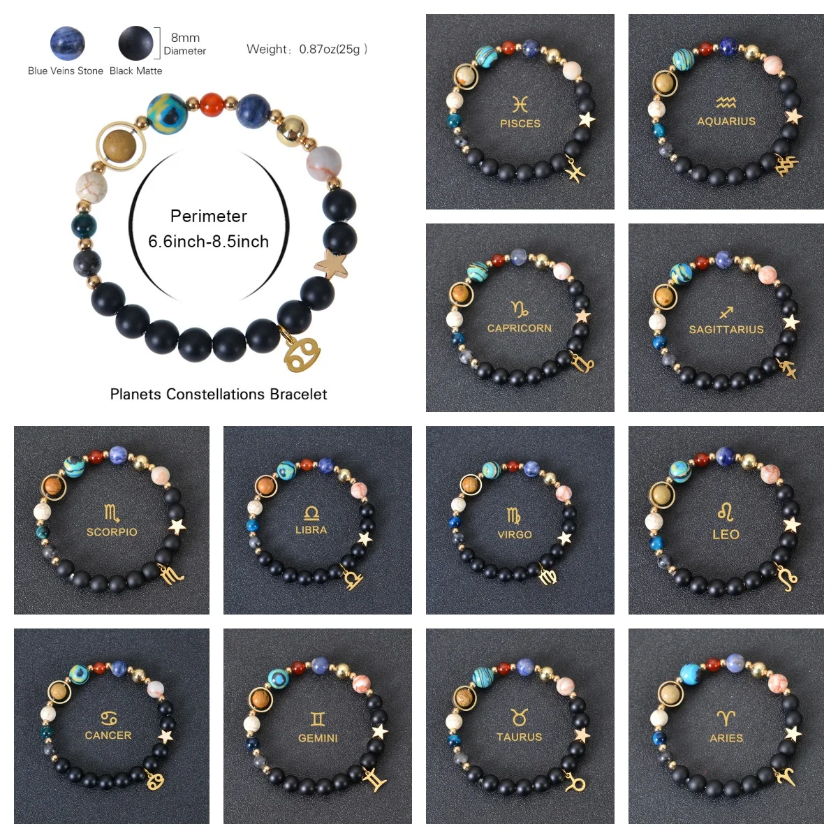 Браслеты со знаками Зодиака и солнечной системы из натурального камня ювелирные