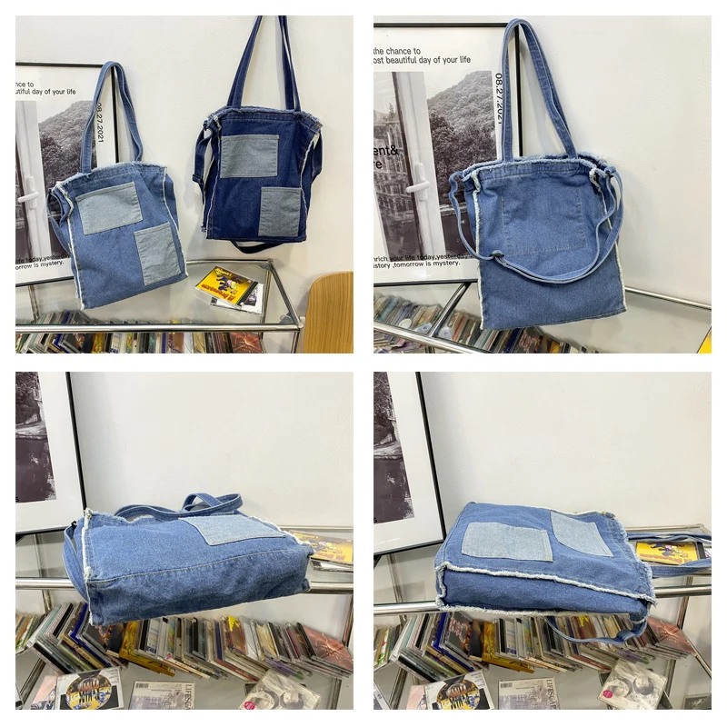 Frayed Women's Bag 2022 Trend Denim Shoulder Messenger Bag Mori Style Handbags Jeans Shopping Eco Bag Unisex Commuter Tote Bag