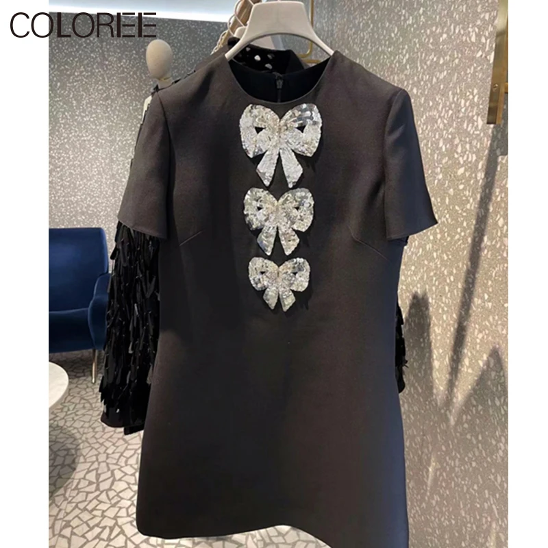 

Женское винтажное мини-платье с блестками, Белое и черное элегантное платье с бантом, круглым вырезом и коротким рукавом, лето 2023