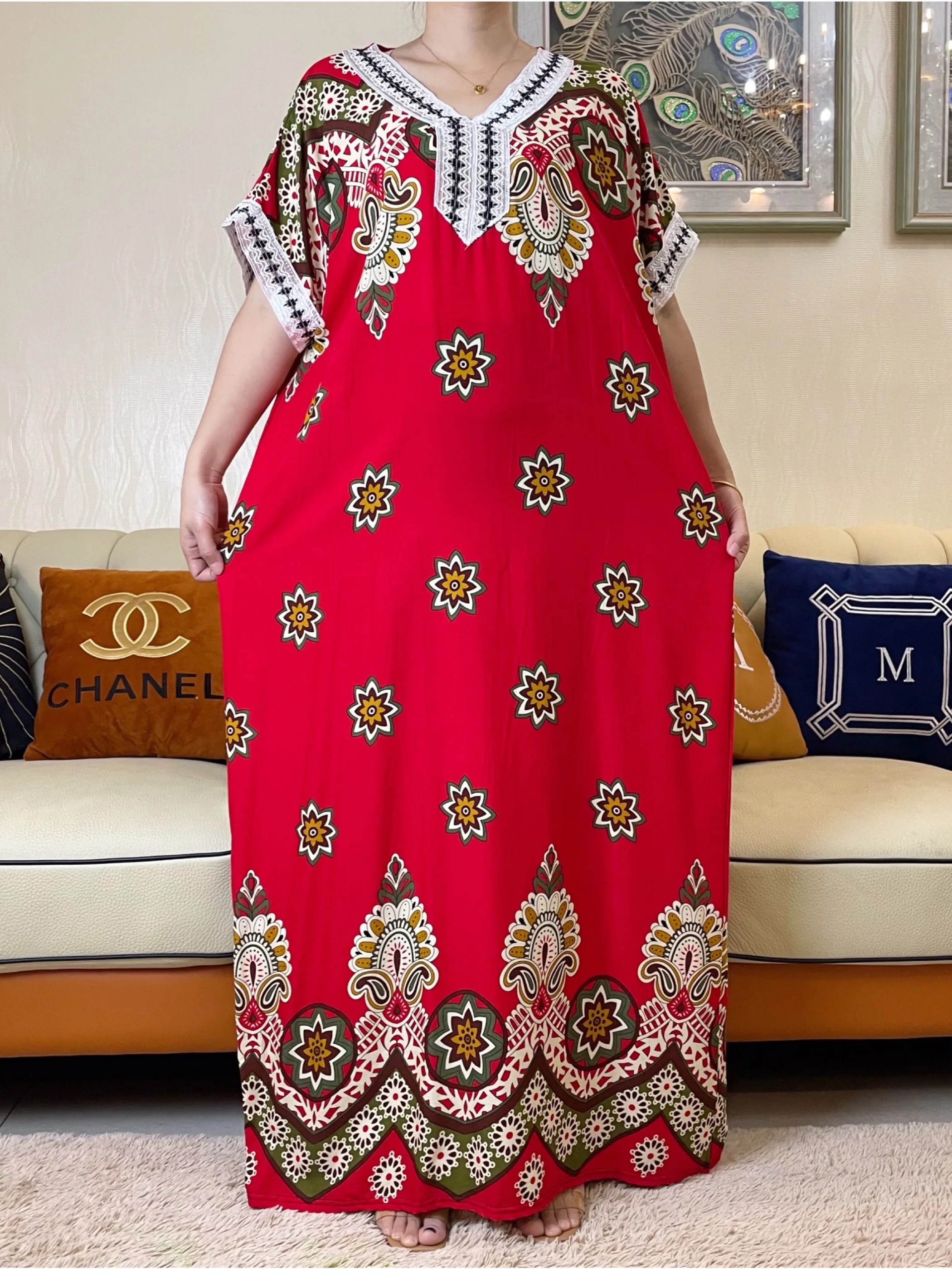 2023 New African Cotton Abaya Colorful Print Floral Short Sleeve Loose Style Dashiki Dubai V Neck Stripe Long Lady Dresses