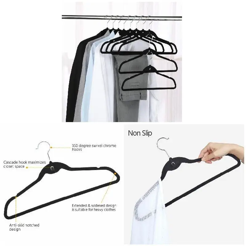 10pcs/20pcs Black Velvet Clothes Hangers,Non Slip Space Saving Suit Organizer for Coats, Pants Dress,No Rack Marks 360 Rotating