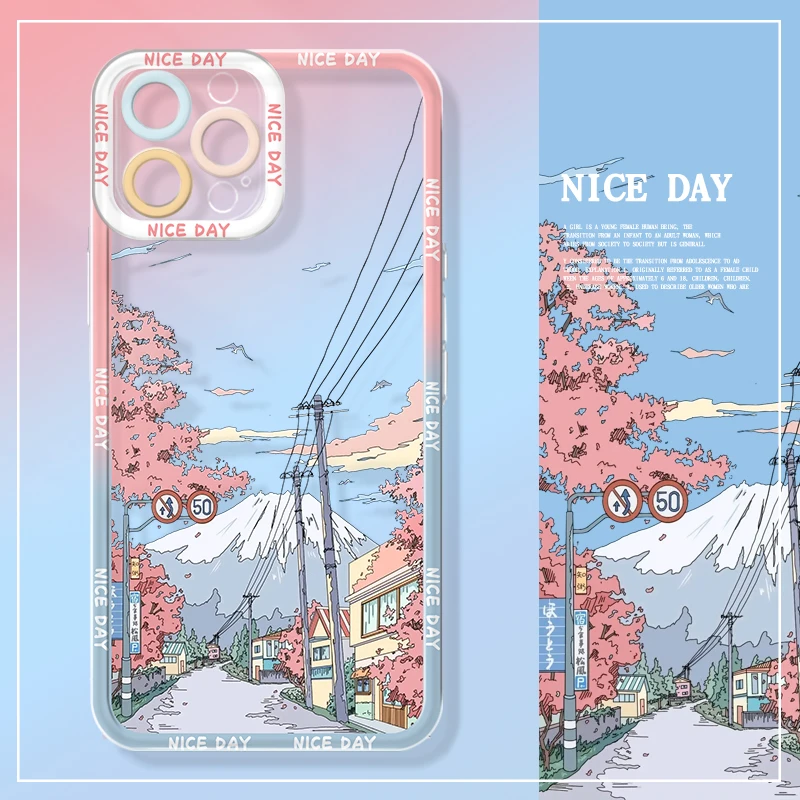 

Landscape Anime Phone Case For iPhone 11 13 14 Pro Max 12 Mini 7 8 Plus XS Max SE 2022 2020 X XR Clear Scenery Soft Cases Covers