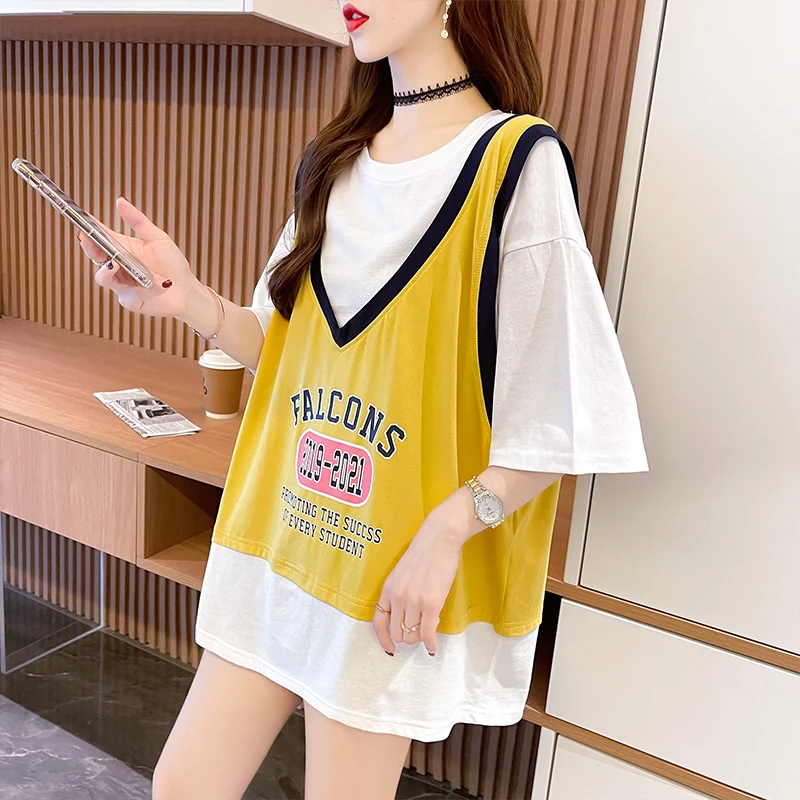 

Loose False Two Pieces Short-Sleeved T-shirt for Women Girls Teens Students Casual New Summer T-shirt