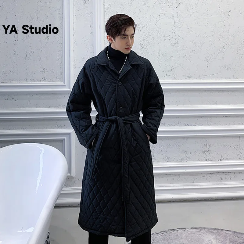 

[YA Studio] 2023 Winter Senior Sense Diamond Plaid Cotton-padded Coat Men's Long Silhouette Belt Cotton-padded Clothing Tide