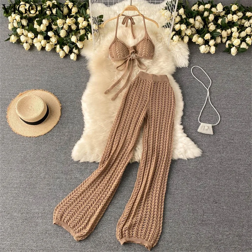 VigoJany 2022 Sexy Women Solid Hollow Knit Pants Suit Tied Halter Push UP Bra Knitted Wide Leg Trousers Ladies Beach Sweater Set