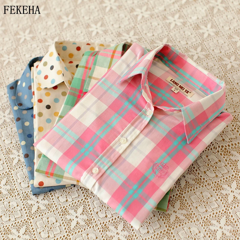 

Women Plaid Shirts Long Sleeve Blouses 100% Cotton Lady Tops Girls Student Female Clothing Spring Autumn