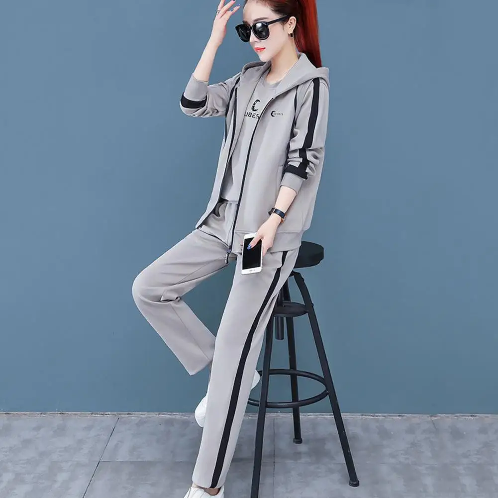

3 Pcs/Set Women Coat Top Pants Set Color Matching Hooded Winter Tracksuit Long Sleeves Zipper Elastic Cuff Lady Sports Suit