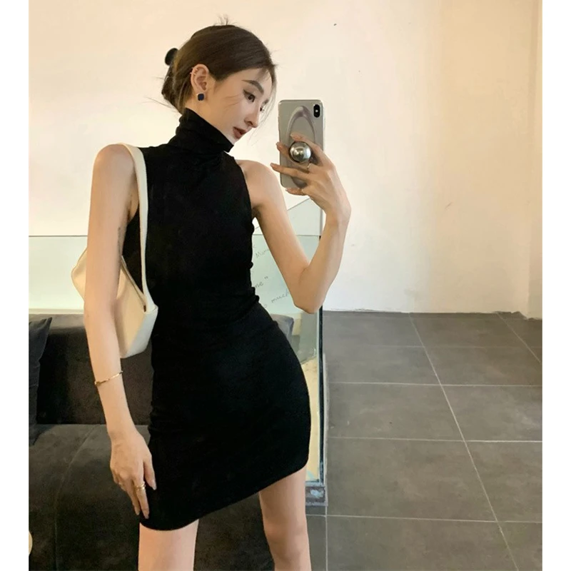 

Vintage Black Dress For Women Sleeveless Turtleneck Dress Sexy Fashion Women Strapless Clothing Streetwear Summer Bodycon Dress