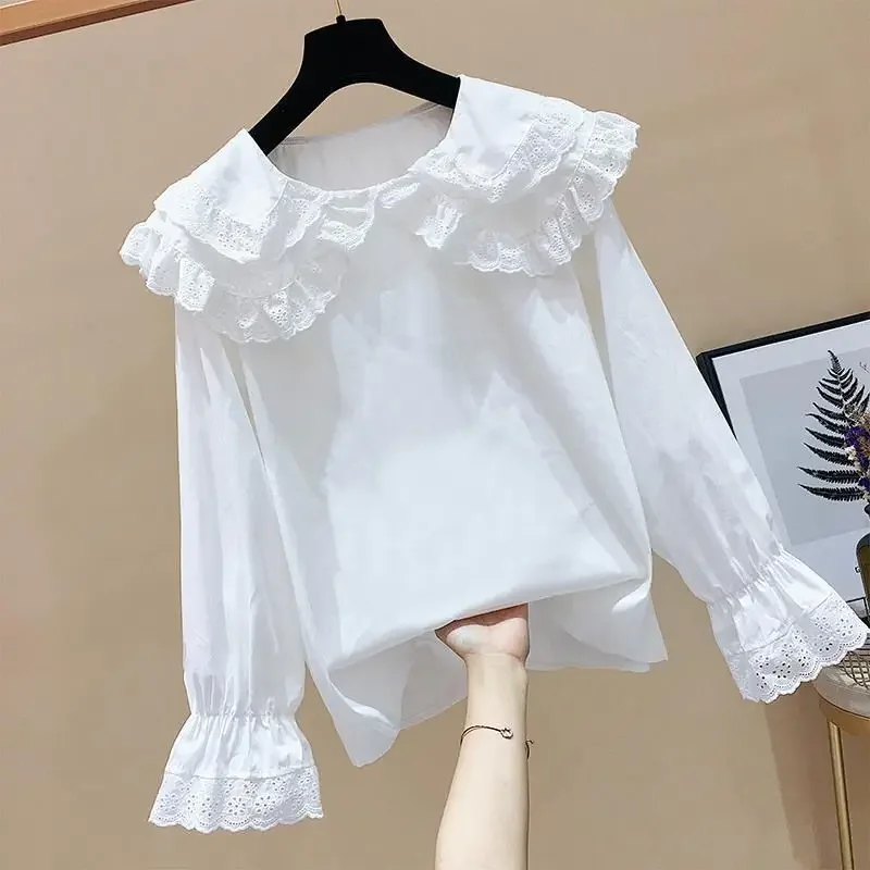 

Ruffles Lace Blouse White Long Sleeve Spring Autumn Baby Toddler Teen Girls Sleeve School Girl Shirt Kids Pullover Tops Camisas