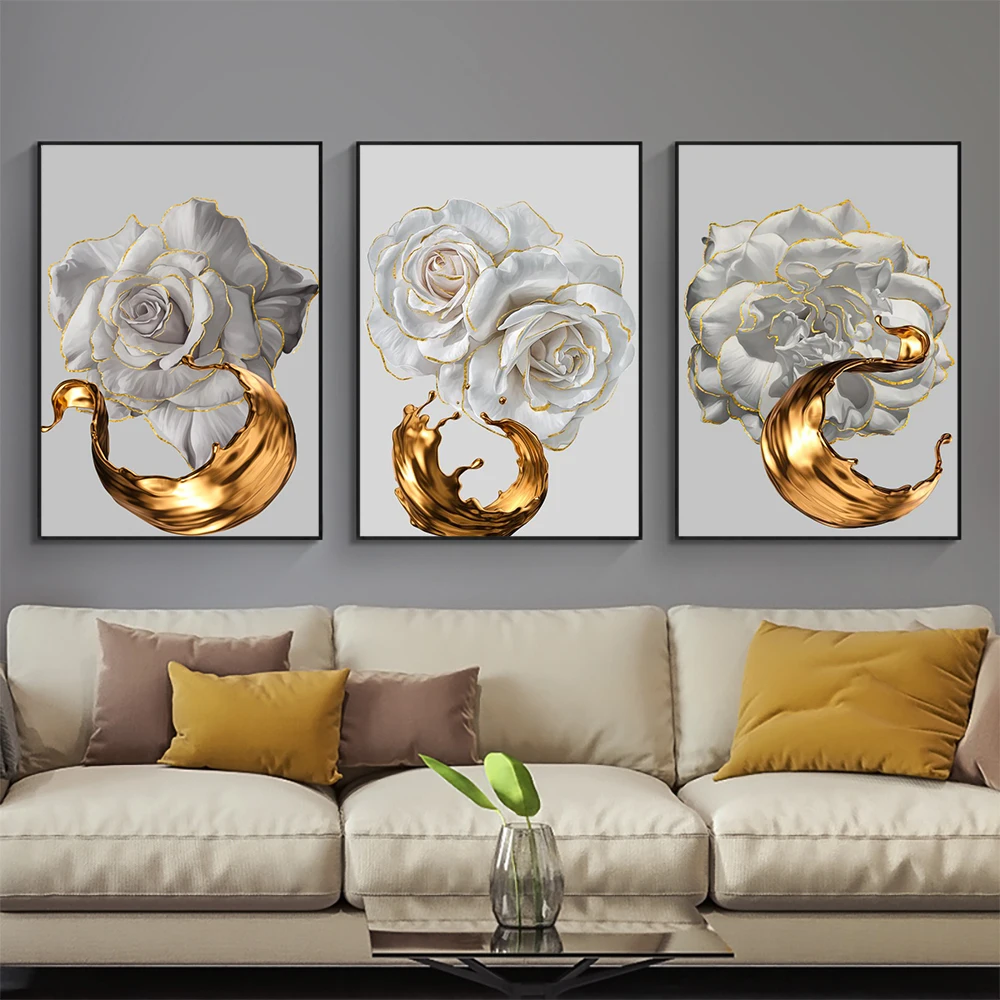 

Abstract white rose flower gold ink poster Nordic art botanical canvas painting modern wall painting living room decoration