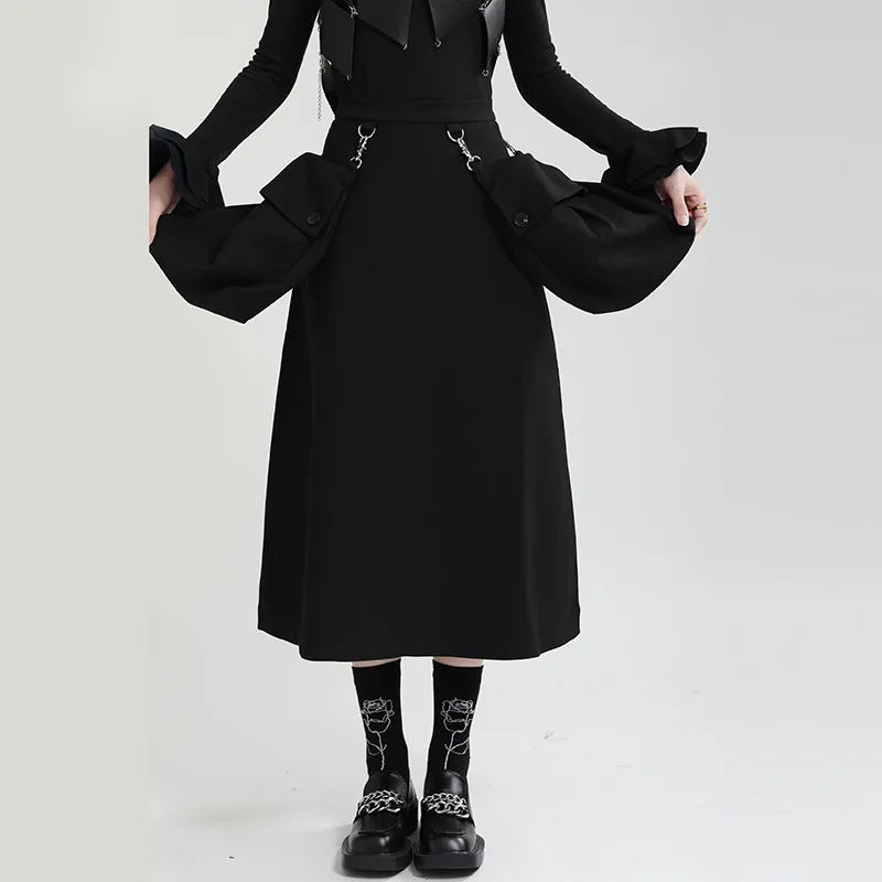 

2023 Winter new black three-dimensional detachable large pocket skirt high waist mid-length A-line half skirt