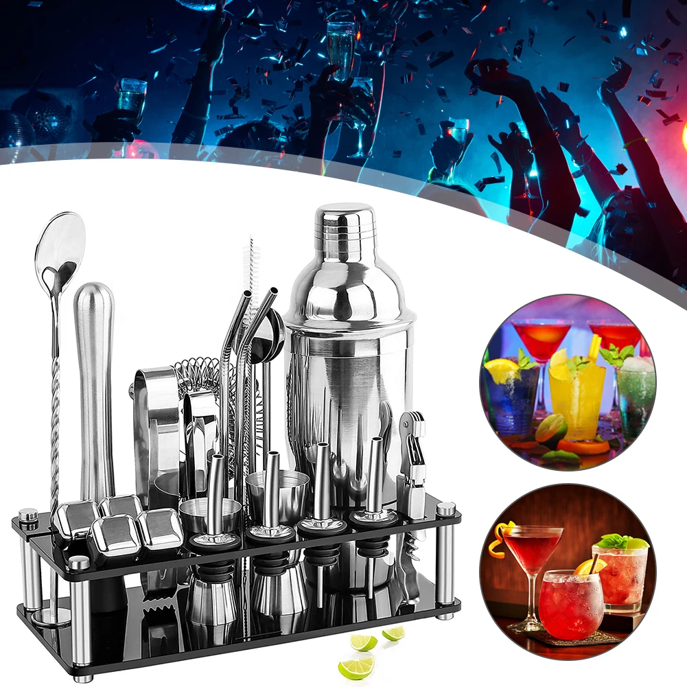 

23Pcs Stainless Steel Bar Cocktail Shaker Set Barware Tools Shaker Sets with Stand Stainless Steel Bartender Set