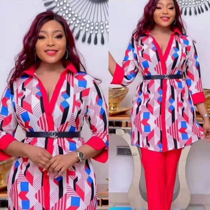 

New African Plus Size Suit Chiffon Shirt Loose Plus Size Printed Two Piece African Women's Clothes