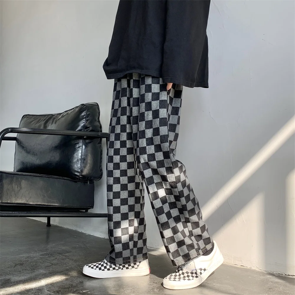 Checkerboard Print Jeans for Men 2021 Fashion Trends Straight Clothes Teen Casual  Baggy Denim Pant Boyfriend Hip Hop Streetwear