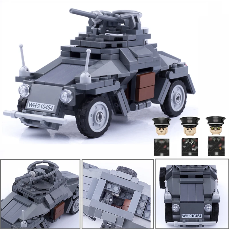 

MOC WW2 Military German Armored Car Vehicle Figures Weapons Building Blocks Tank Model Soldiers Accessories Army Parts KitsToys
