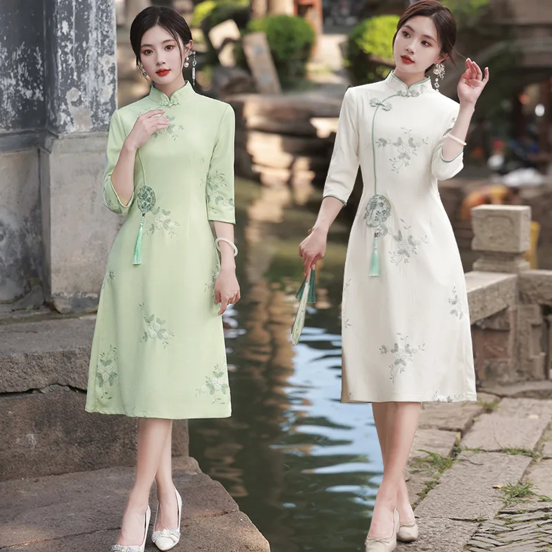 

Женское ретро-платье Yourqipao, зеленое вечернее платье в литературном стиле Ципао, сказочное классическое платье в китайском стиле, осень 2023