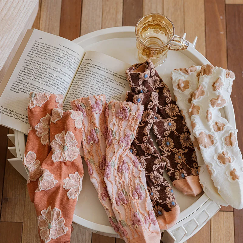

Flower Women Socks Elegant Kawaii Cotton Sock Woman Retro Long Ladies Sock Spring Autumn Casual Orange Pink Fashion Lady Sock