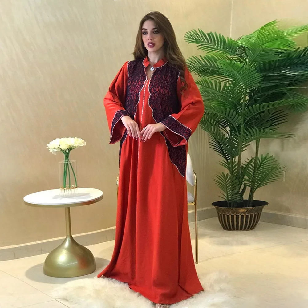 

Wepbel 2022 Summer Muslim Dress Abaya Lace Swing Dress Stand Collar Loose Muslim Robe Women Caftan Islamic Clothing Kaftan Abaya