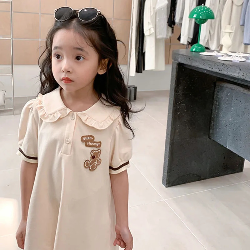 

Girls Cute Bear Polo Dress Summer Kid Girl Puff Sleeve Casual Beach Princess Dresses 3-8 Years vestidos Children Cartoon Clothes