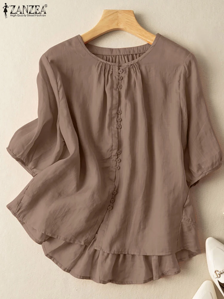 

Коллекция 2023 года, модная летняя блузка ZANZEA, повседневные однотонные хлопковые топы, винтажные Блузы с оборками на подоле, рубашка оверсайз с круглым вырезом и рукавом 3/4