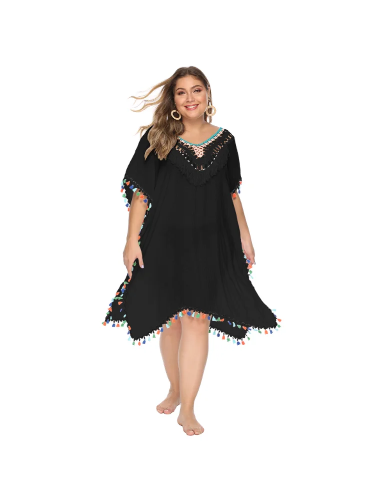 Women's Irregular Hand Hook Spliced Colorful Tassels Deep V Sexy Loose plus size Beach Cover Up Open Back Skirt