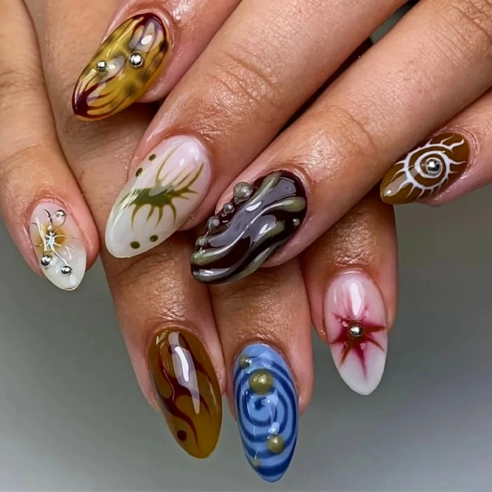 Маникюрные ногти ручной работы средние миндальные поддельные новинка 3D