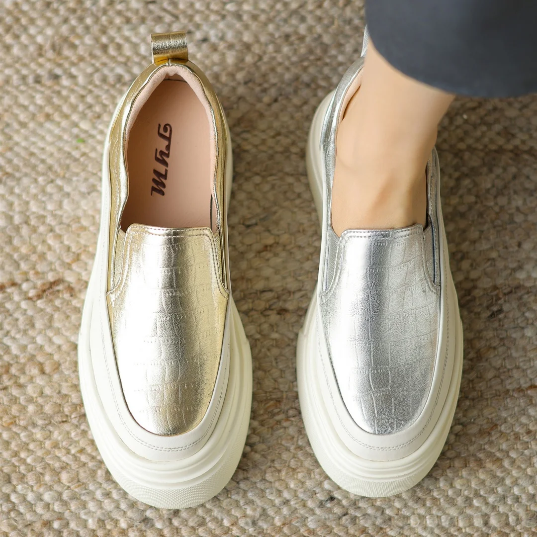 Мокасины женские из натуральной кожи толстая подошва платформа плоская круглый