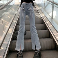 cgc vintage lace high waist women flared jeans casual wide leg denim pants korean fashion straight streetwear jeans trousers