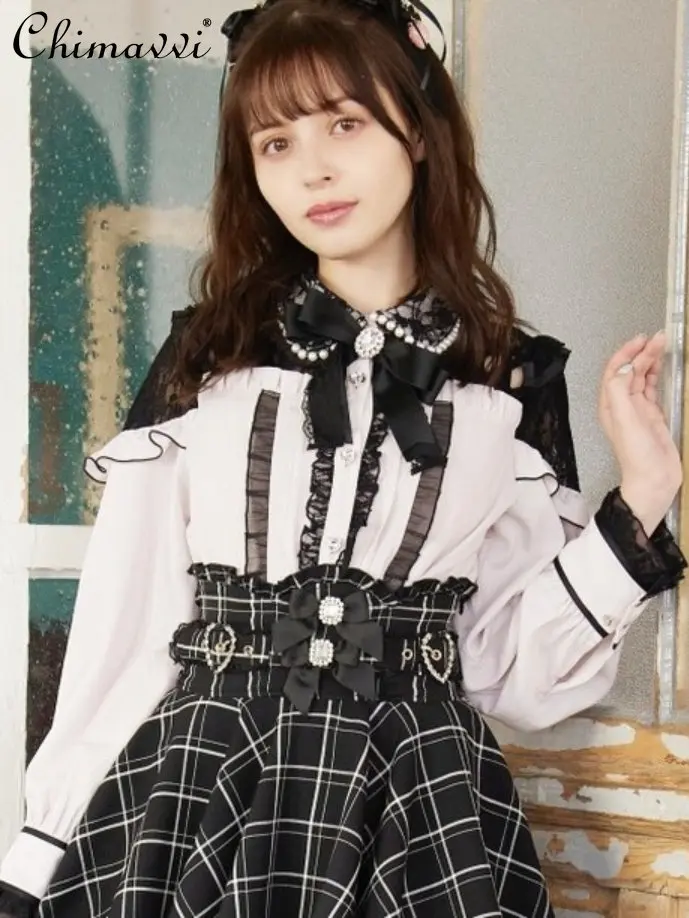 Japanese Style Sweet Cute Pearl Bow Lace Shirt 2023 Summer New Fashion Girly Style Long Sleeve Blouse Women Elegant Blouses