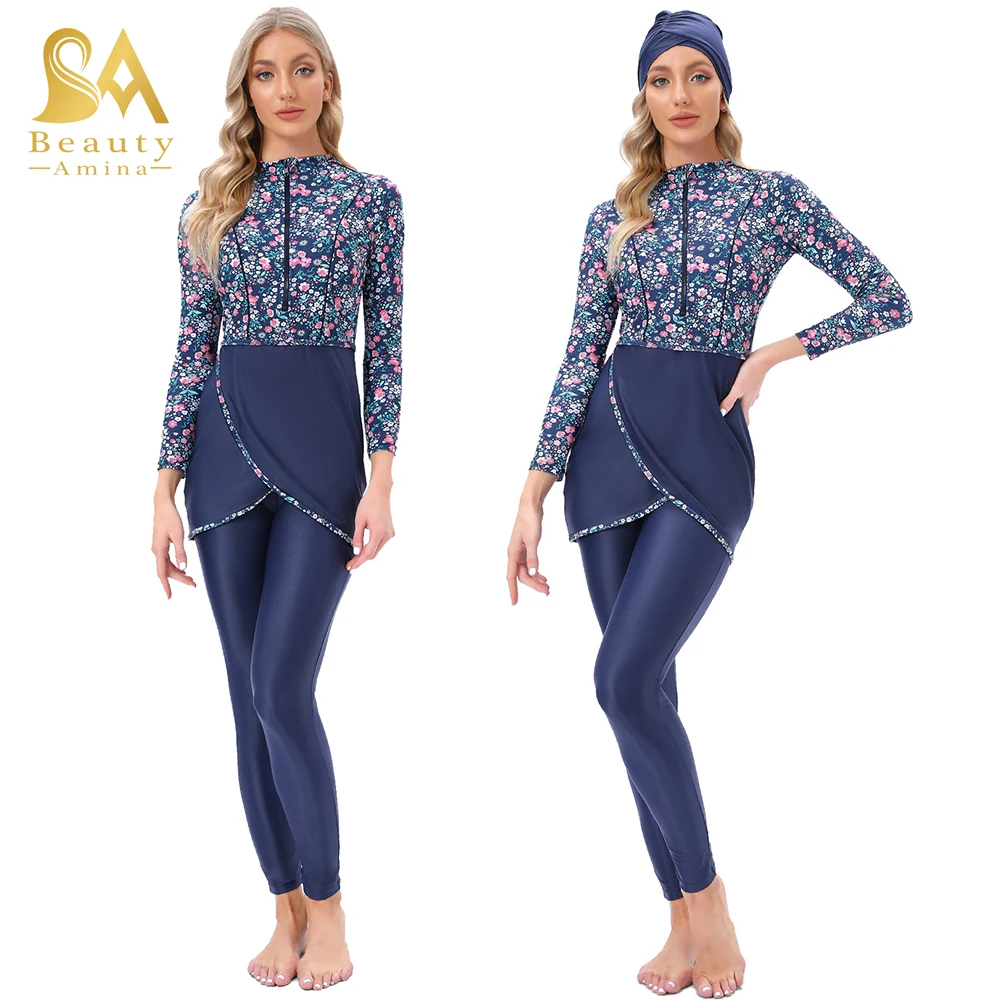 2023 New Conservative Muslim Swimwear Print Muslim Ladies Conservative Swimsuit Zipper Chest Pad Burkini Plus Size Women's 3pcs