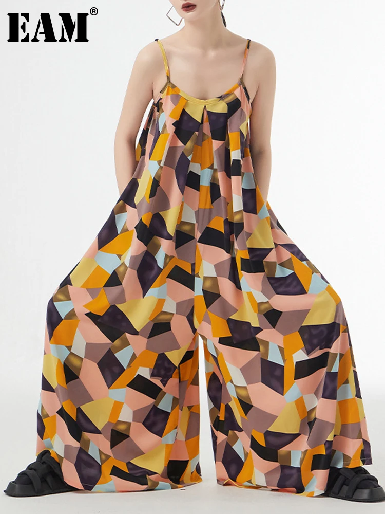 

[EAM] Women Yellow Printed Long Wide Leg Jumpsuit New High Waist Pocket Stitch Pants Fashion Spring Summer 2023 1DF9749