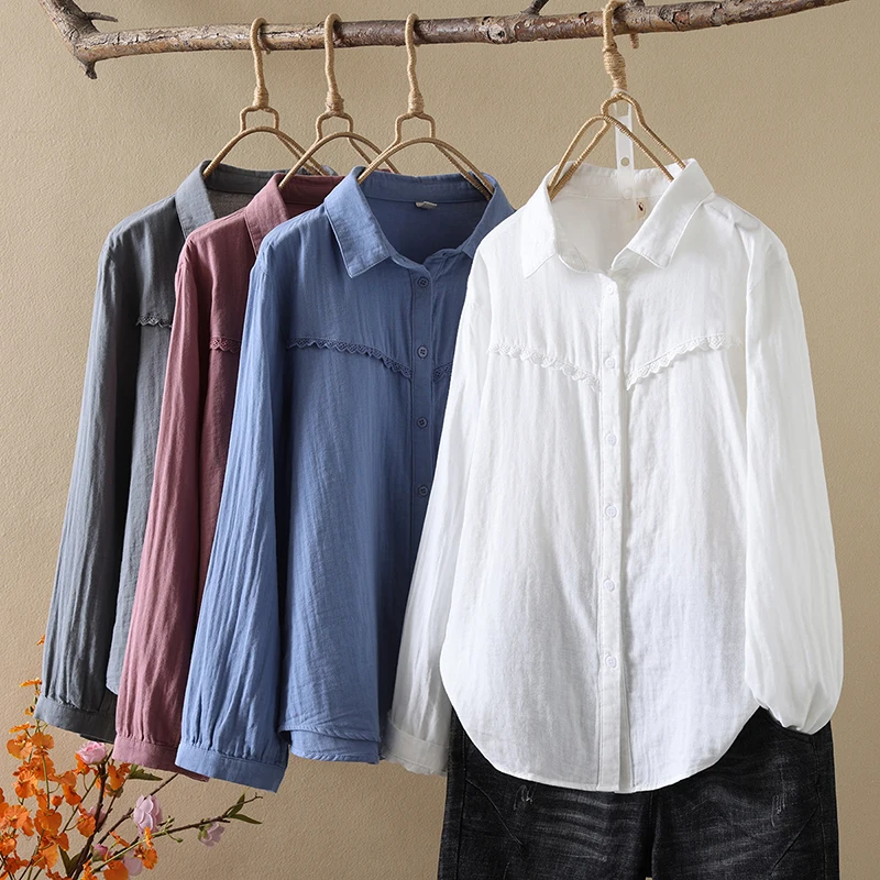 Женская хлопковая рубашка с кружевом Повседневная Блузка длинным рукавом и