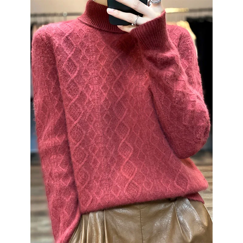 

2022 Brand Autumn/Winter New Arrival Thicker Sweaters For Women 100% Pure Wool Knitted High Collar Tops Female Twisted Flowers