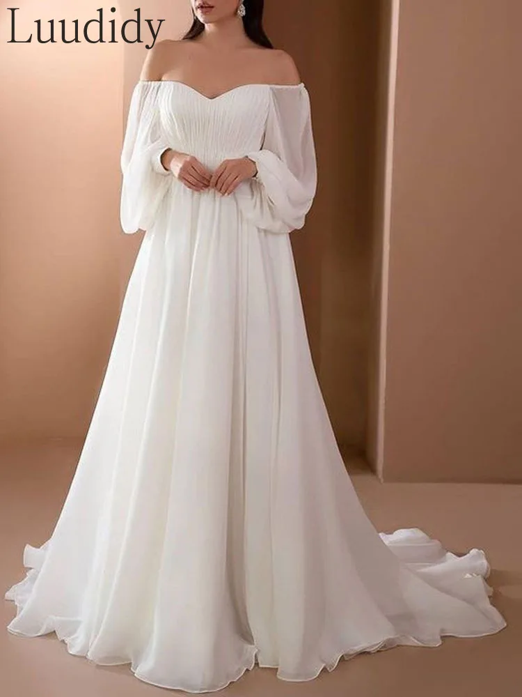 

White Chiffon Off Shoulder Lantern Sleeve Bandeau Maxi Dress
