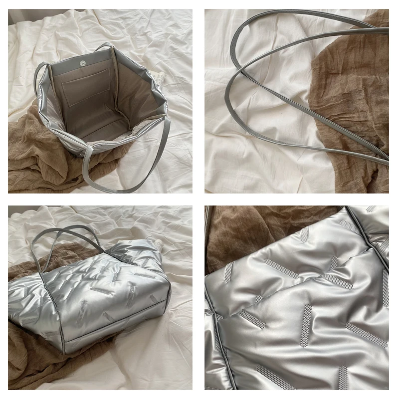 Silver Shoulder Bags For Women Winter Soft Padded Bag Shopper Eco Bag Korean Large Capacity Crossbody Bag Warm Big Tote Handbag