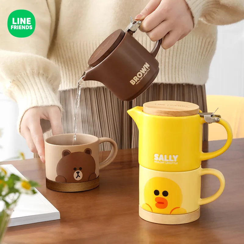 

Line Friends Brown Bear Sally Cartoon Ceramic Teapot Set Anime Kawaii Household Tea Cup Large-Capacity Tea Set Daily Supplies