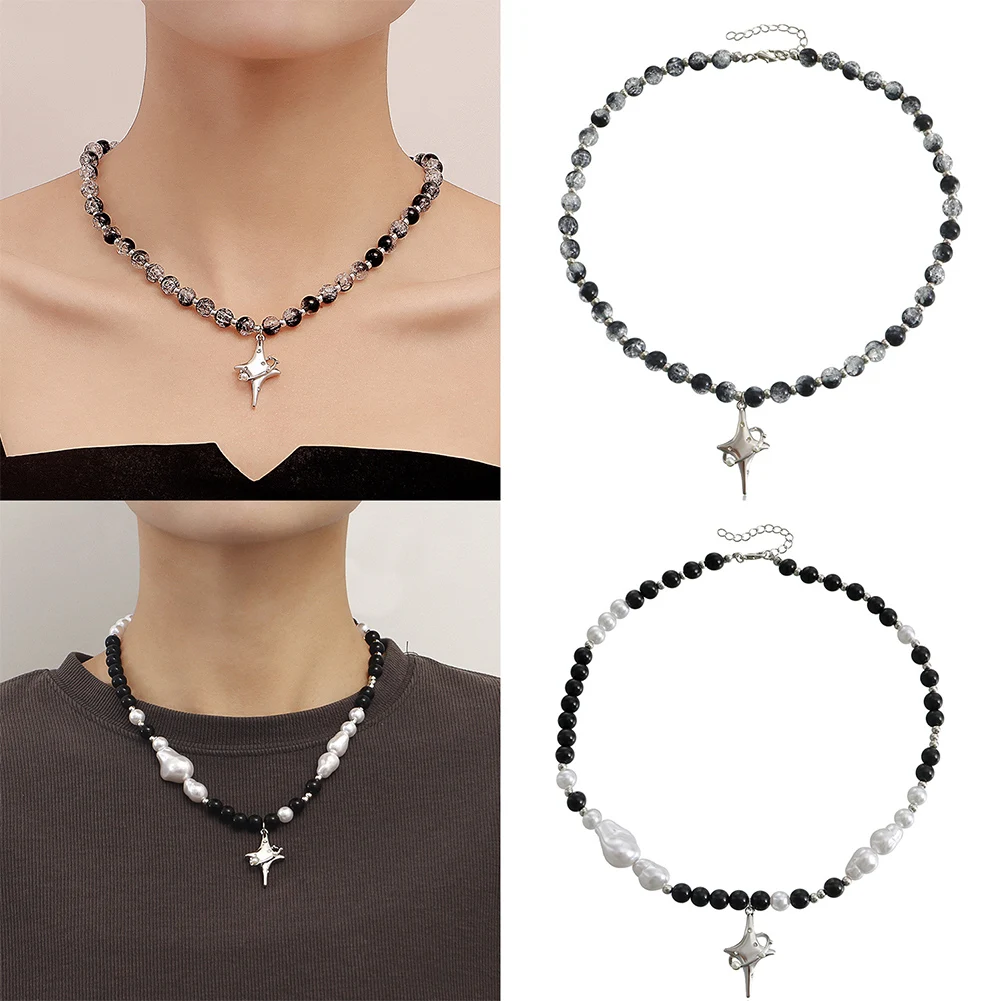 

New Vintage Black White Beaded Cross Star Pendant Necklace Women Cool Simple Versatile Necklace 2023 Fashion Jewelry Gift