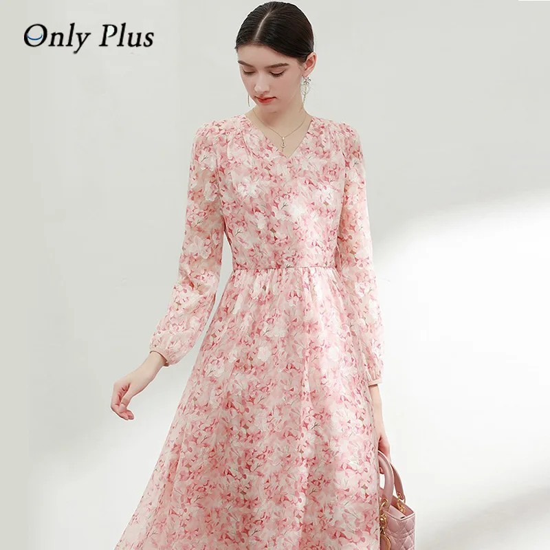 

EVNISI Sweet Pink Chiffon Floral Dress Women Spring And Summer 2022 Dress New French V-neck Casual Dresses Floral Vestidos